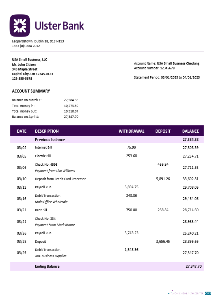 Download Ulster organization checking account statement Word and PDF format Photoshop template